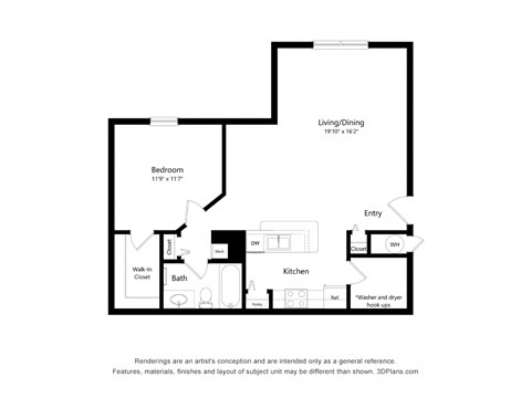 Floor plan for 1 bed, 1 bath, 829 sqft